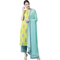 Gosriki Women's Cotton Blend Straight Printed Kurta With Pant & Dupatta (Pari Green-Gs_M_Green_Medium)