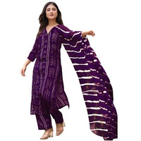 Gosriki Women's Rayon Viscose Straight Bandhej Printed Kurta With Pant & Dupatta (Baghira Begani-Vks02-Gs_M_Begani_Medium)