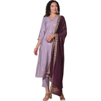 Gosriki Women's Rayon Viscose Printed Straight Kurta With Pant & Dupatta (Udh Purple-Vks03-Gs_L_Purple_Large)