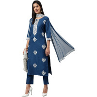 Gosriki Women's Cotton Blend Straight Embroidered Kurta With Pant & Dupatta (Tistha Dark Blue_Xl-Go_Dark Blue_X-Large)