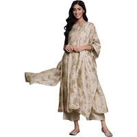 Gosriki Women's Cotton Blend Floral Printed Anarkali Kurta With Palazzos & With Dupatta (Emozi Beige_S-Gs_Beige_Small)