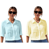 Toplot Shirt For Women || V-Collar Solid Crop For Woman || Half Sleeves For Women || Oversized Shirt For Woman (V-Crop-Shirt-5183-5183-Sky-Yellow-L)