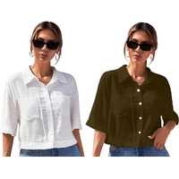 Toplot Shirt For Women || V-Collar Solid Crop For Woman || Half Sleeves For Women || Oversized Shirt For Woman (V-Crop-Shirt-5183-5183-Brown-White-Xs)