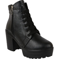 Shoetopia Women Black Zipper & Lace Up Block Heeled Boots