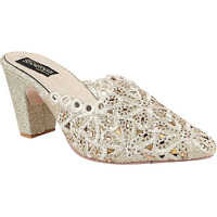 Shoetopia Women's Golden Embroidered Block Heel Mules  Ethnic Slip-On Sandals With Glitter Finish And Cutwork Detailing Eu39