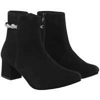 Shoetopia Women's Black Suede Ankle Boots With Block Heel And Rhinestone Knot Detail||Side Zip Fashion Booties For Fall & Winter Eu36