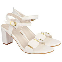 Elegant White Heeled Sandals For Women ||Ankle Strap Chunky Block Heels With Gold Accent  Open Toe Dress Eu36