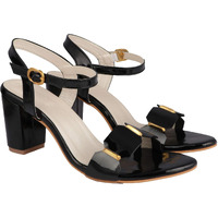 Elegant Black Heeled Sandals For Women ||Ankle Strap Chunky Block Heels With Gold Accent  Open Toe Dress Eu40