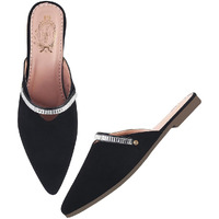 Shoetopia Women's Black Pointed-Toe Mules With Crystal Embellishment  Elegant Slip-On Flats For Party & Office Wear Eu39