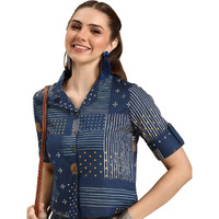 Toplot Crop Shirt For Women With Collared V Neck (Crop-Shirt-5153-Navy-Xl)