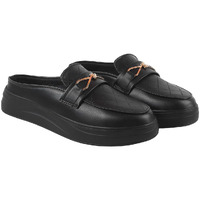 Women's Quilted Slip-On Loafer Mules With Gold Chain Detail  Casual Comfort Platform Backless Shoes Black-Eu39