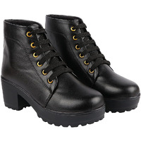 Shoetopia Womens/Girls Black Platform Heeled Classic Solid Boots