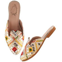 Shoetopia Women's Multicolor Embroidered Traditional Slip-On Mules  Ethnic Jutti Style Flats With Mirror Work, Gold Base
