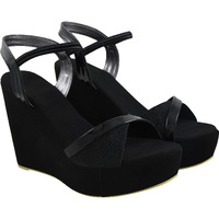Shoetopia Women's & Girl's Black Solid Slingback Wedges