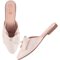 Shoetopia Women's Golden Glitter Slip-On Mules With Bow  Elegant Flat Backless Loafers For Parties & Casual Wear Eu36