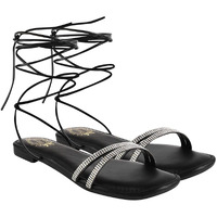 Shoetopia Rhinestone Decor Tie Leg Design Black Flat Sandals For Women & Girls /Uk6