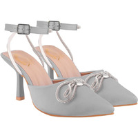 Women's Silver Satin High Heel Sandals Pointed Toe Party Heels With Rhinestone Bow & Ankle Strap  Elegant Stilettos For Weddings & Events Eu36