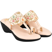 Shoetopia Embroidered Ethnic Cream Kolhapuri Wedgess For Women & Girls /Uk3