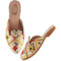 Shoetopia Women's Multicolor Embroidered Traditional Slip-On Mules  Ethnic Jutti Style Flats With Mirror Work, Gold Base