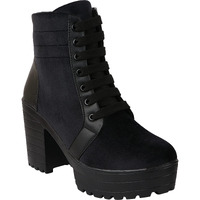 Shoetopia Women Black Block Heeled Lace Up Boot