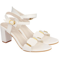 Elegant White Heeled Sandals For Women ||Ankle Strap Chunky Block Heels With Gold Accent  Open Toe Dress Eu41