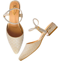 Shoetopia Embellished Buckle Pointed Toe Stylish Golden Pumps For Women & Girls /Eu40
