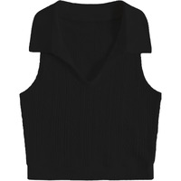 Toplot Women's V-Neck Solid Textured Tank Top (Collar-Tank-Top-5193-Black-Xl)