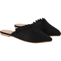 Shoetopia Women's Blackfrill Mules  Stylish Slip-On Flats With Pointed Toe & Ruffle Detailing For Casual Eu39