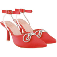 Women's Red Satin High Heel Sandals Pointed Toe Party Heels With Rhinestone Bow & Ankle Strap  Elegant Stilettos For Weddings & Events Eu36