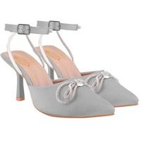 Women's Silver Satin High Heel Sandals Pointed Toe Party Heels With Rhinestone Bow & Ankle Strap  Elegant Stilettos For Weddings & Events Eu40