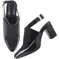 Shoetopia Women's Black Patent Leather Block Heel Sandal With Ankle Strap And Pointed Toe  Elegant Formal Dress Sandal Eu36