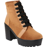Shoetopia Women Tan Coloured Block Heeled Lace Up Boot