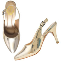 Shoetopia Women's Golden Metallic Slingback Pointed-Toe High Heels || Elegant Stiletto Pumps With Adjustable Strap || Dress Shoes For Parties, Weddings, And Formal Events Eu36