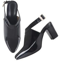 Shoetopia Women's Black Patent Leather Block Heel Sandal With Ankle Strap And Pointed Toe  Elegant Formal Dress Sandal Eu39