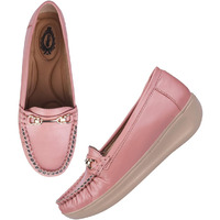 Shoetopia Upper Metalic Buckle Detailed Peach Loafers For Girls-Eu37