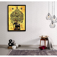 Handicraft-Palace Yellow Elephant Tree Printed Tapestry Wall Decor Hanging Poster Office Home Decorative Party Hall Decor Hanging