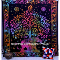 Handicraft-Palace Multi-Color Elephant Tree Of Life Printed Wall Decor Hanging Tapestry Cotton Double Bedspread Bed Throw Beach Throw
