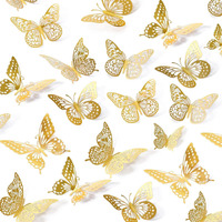 3D Paper Butterfly Wall Decor 48 Pcs 4 Styles 3 Sizes, Gold Butterfly Decorations For Butterfly Birthday Decorations Butterfly Party Decorations Cake Decorations, Removable Stickers