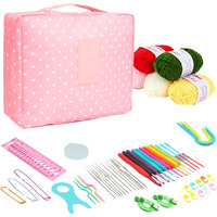 Tusmad Crochet Knitting Needle Starter Kit Ergonomic, Crochet Hooks Travel Bag,For Beginners Adults Or Kids Crochet Kits Include Yarn With Hooks,Stitch Markers & Accessories Kit 107 Pcs (Polka Pink Storage Bag )
