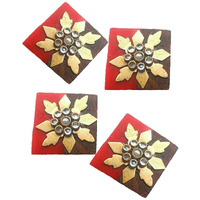 Paushak Boutique Beautiful Wooden Red Combination Golden Embroidery Button For Indian Dresses For Kurties,Gowns And Party Wears Dresses (Piece Of 3)