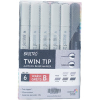 Brustro Twin Tip Alcohol Based Marker Set Of 6 - Warm Greys Set B In Crossline Pp See Through Box