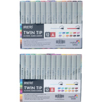 Brustro Twin Tip Alcohol Based Marker| Basic Set Of 12 A & 12 B In Crossline Pp See Through Box |Broad 1-7Mm Line, Fine 0.7Mm|Ideal For Doodle,Smudge-Proof,Waterproof,Graffiti,Comic Artist, Mandala.