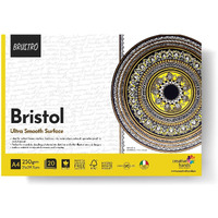 Brustro Bristol Ultra Smooth Glued Pad | 250 Gsm, A4, 20 Sheets | Natural Grain, Medium Surface, Ideal For Charcoal, Coloured Pencils, Gouche, Pen, Pastels, Ink.