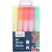 Brustro Acrylic (Diy) Marker Neon - Set Of 5 (Fluorescent Shades), Tip Size - 2Mm |Water-Resistant,Matte Finish,Uv Resistant,Non-Toxic Colours| Ideal For Craftworks,School, Works On Glass & Plastic