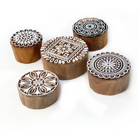 Hashcart | Set Of 5 | Handcarved Wood Floral Design Round Printing Stamps For Scrapbooking Fabric Textile Paper Clay Pottery Saree Border