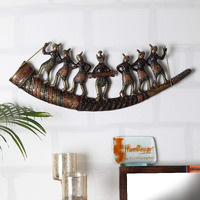 Two Moustaches Tribal Folk Dancers Brass Wall Hanging With Antique Finish, Brass Wall Mount Home Decor For Home Office Interior (19 X 6 Inches, Multicolour)