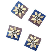 Paushak Boutique Classy Wooden & Blue Combination Golden Embroidery Button (Piece Of 4)
