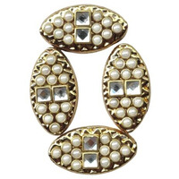 Paushak Boutique Golden White Kundan Oval Shape Buttons (Set Of 2)