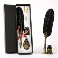 Mforall Feather Pen Set With Ink Bottle And Pen Stand, Antique Calligraphy Writing Quill Dip Pen, 2 Replacement Nibs, Unique Vintage Luxury Pen Gift Sets (Black)