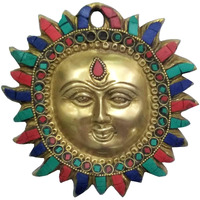 Purpledip Brass Idol Sun God Surya Dev: Wall Hanging With Colorful Gemstones (11447)